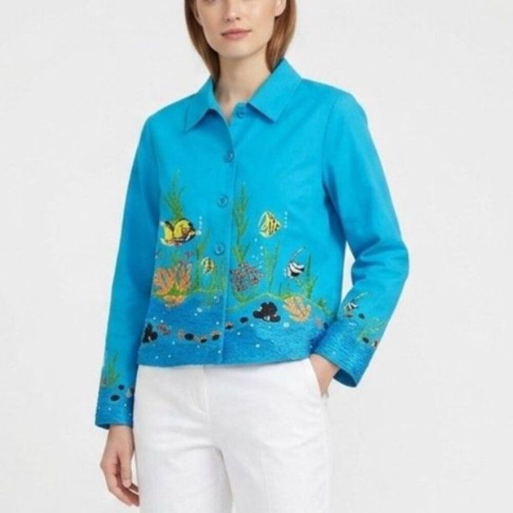VTG Patchington Women's Turquoise Sea Life Embellished LS Jean-Style Jacket Sz L